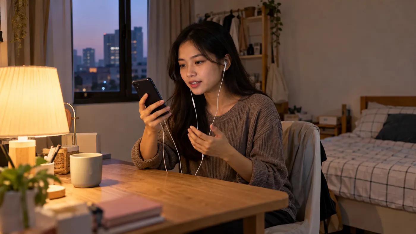 Perempuan muda memakai earphone berbicara ke ponselnya di meja kamar kos pada malam hari, seperti sedang menjalani interview kerja