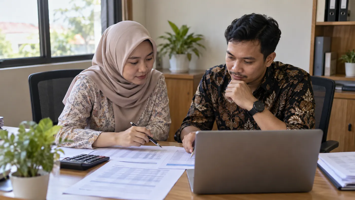 Manajer HR dan rekan dari bagian keuangan meninjau tabel cetak dan kalkulator di samping laptop untuk menyusun anggaran rekrutmen