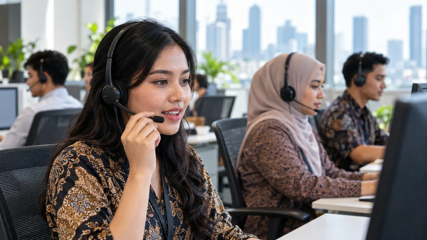 Agen call center memakai headset sedang berbicara dengan pelanggan di kantor contact center, rekan kerja di belakangnya juga melayani panggilan