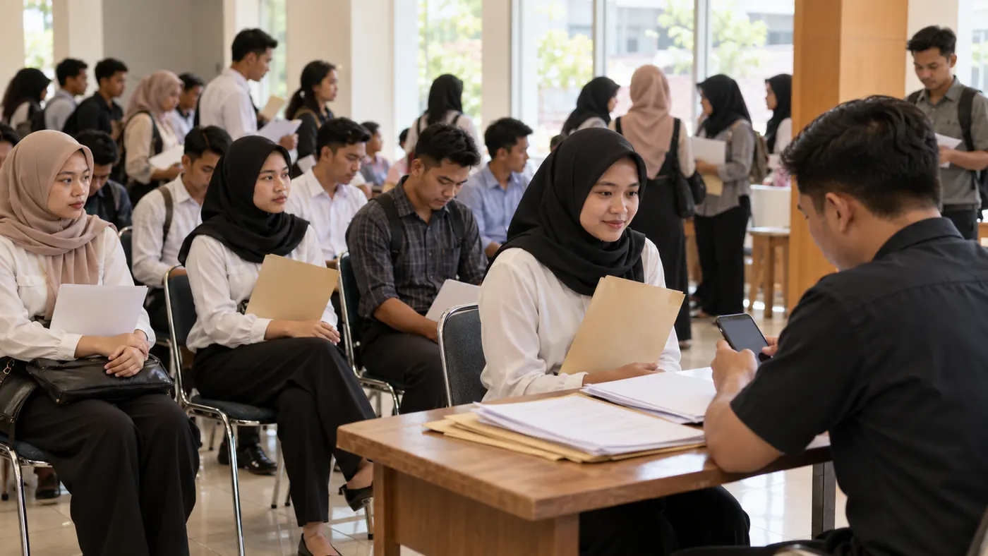 Para pelamar kerja duduk menunggu giliran di aula sementara staf HR memeriksa lamaran lewat ponsel di meja depan